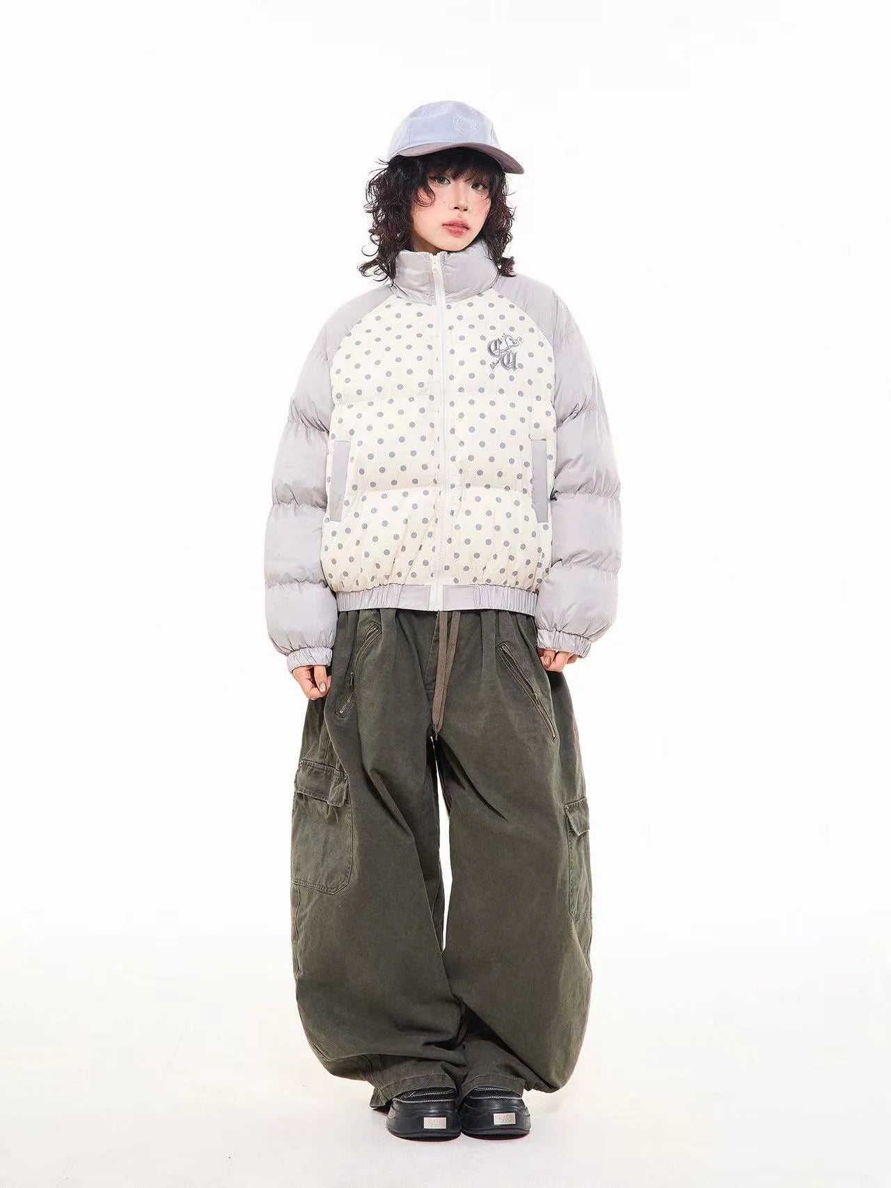 Vintage Embroidered Polka Dot Stand Collar Padded Jacket   OL2053