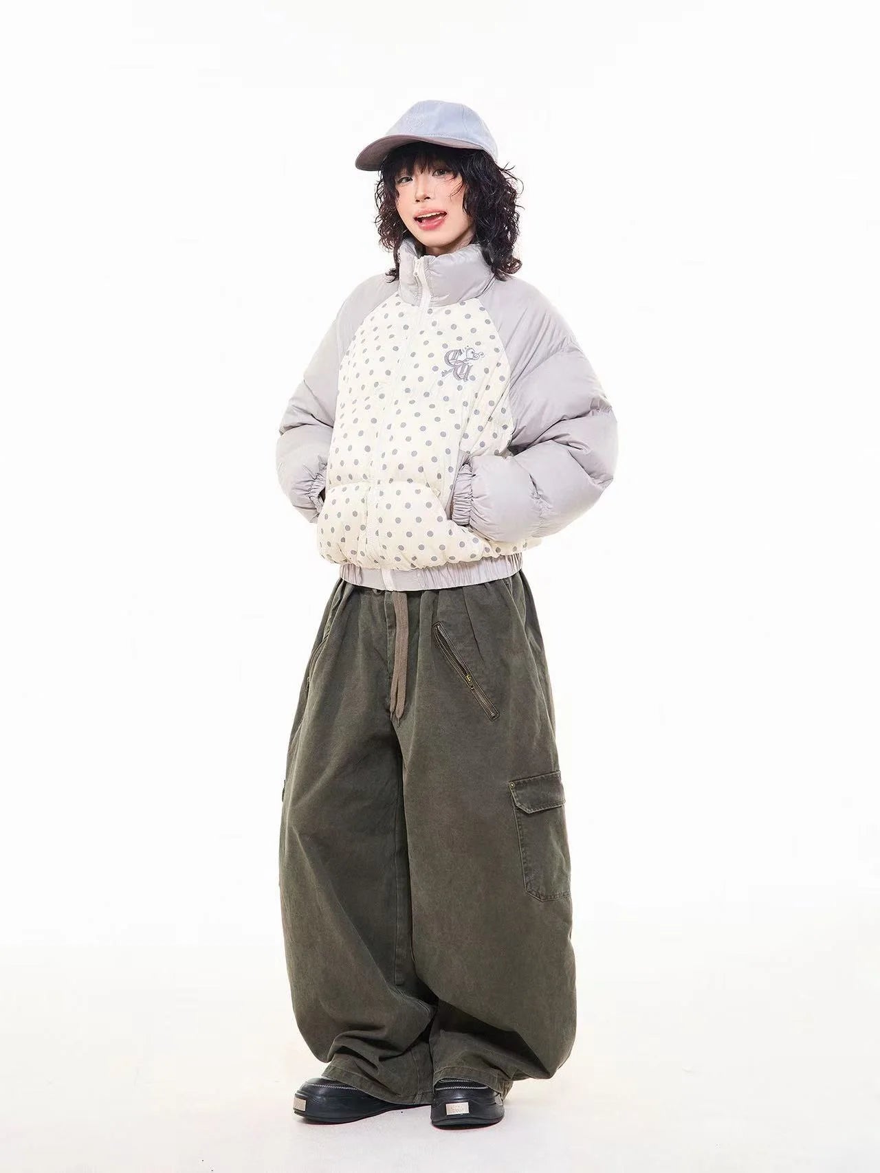 Vintage Embroidered Polka Dot Stand Collar Padded Jacket   OL2053