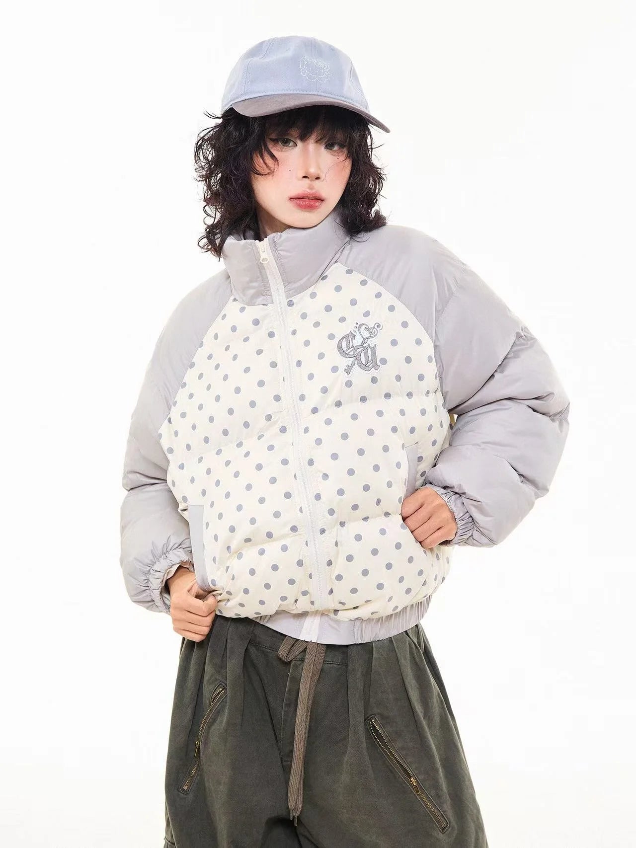 Vintage Embroidered Polka Dot Stand Collar Padded Jacket   oliviora