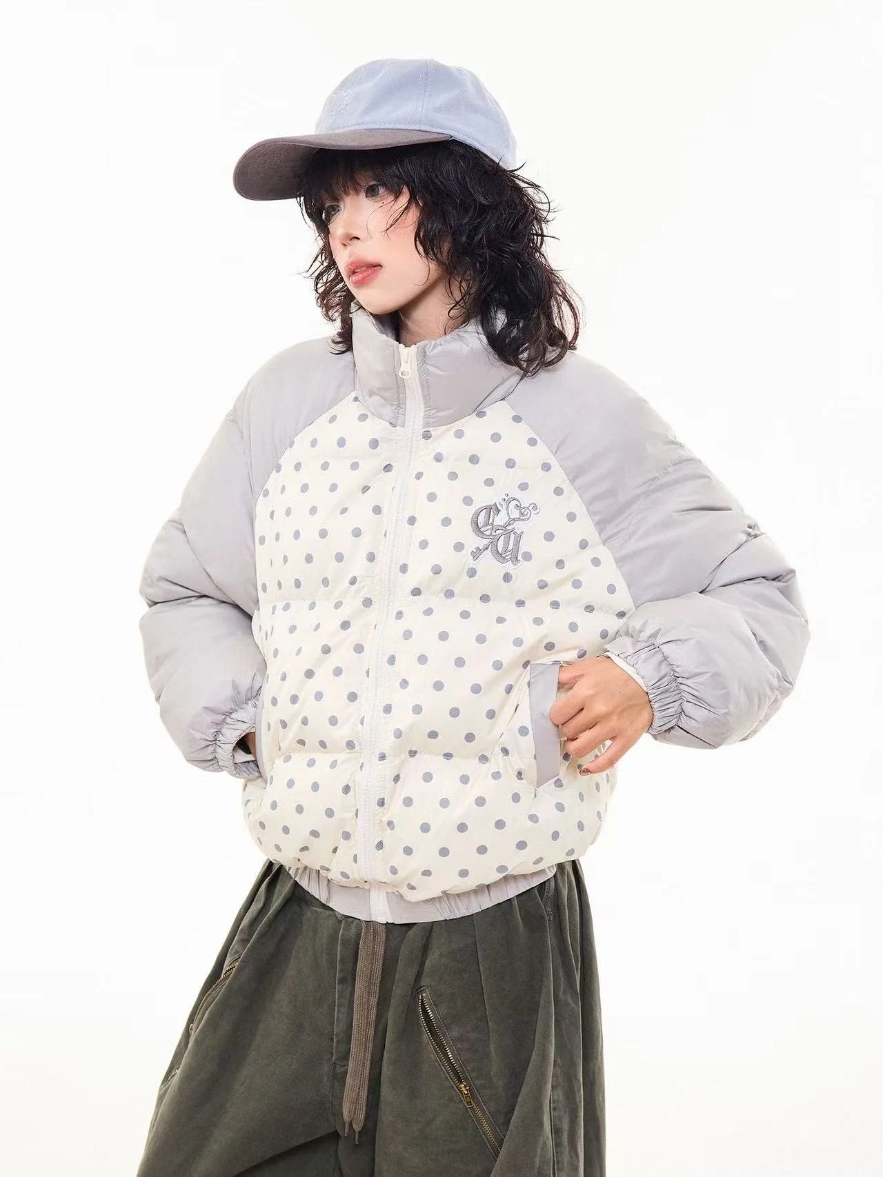 Vintage Embroidered Polka Dot Stand Collar Padded Jacket   OL2053