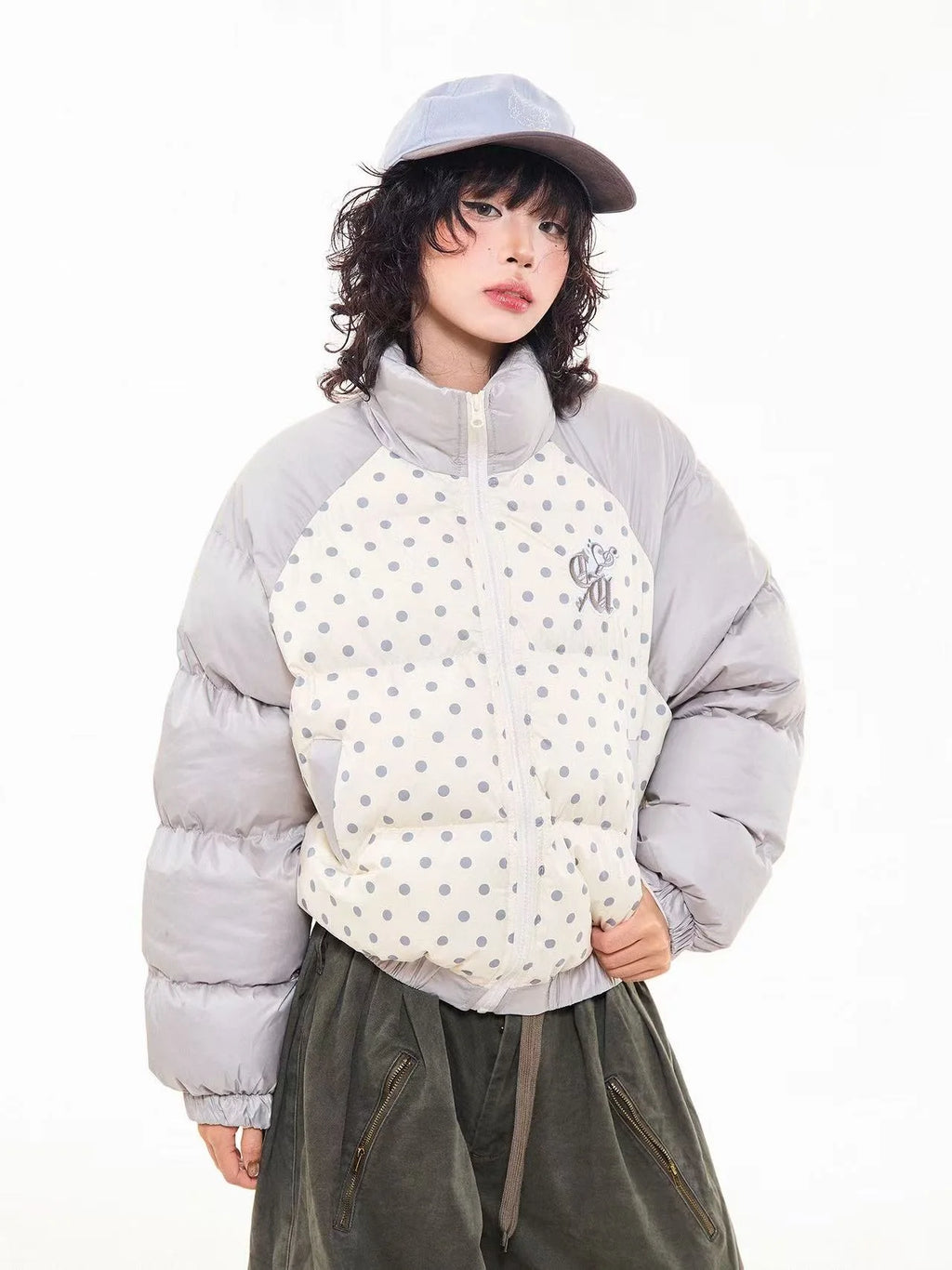 Vintage Embroidered Polka Dot Stand Collar Padded Jacket   OL2053