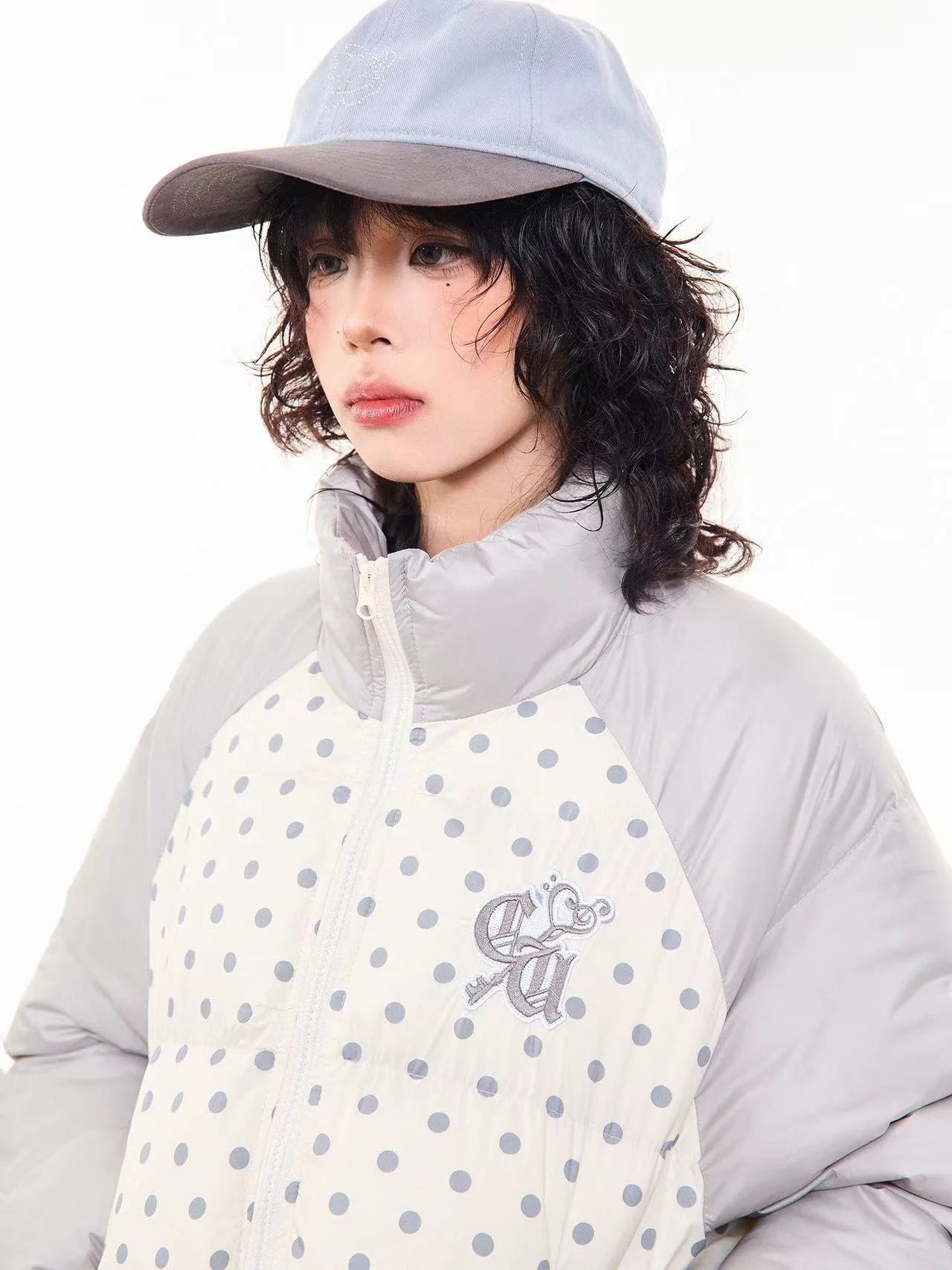 Vintage Embroidered Polka Dot Stand Collar Padded Jacket   OL2053