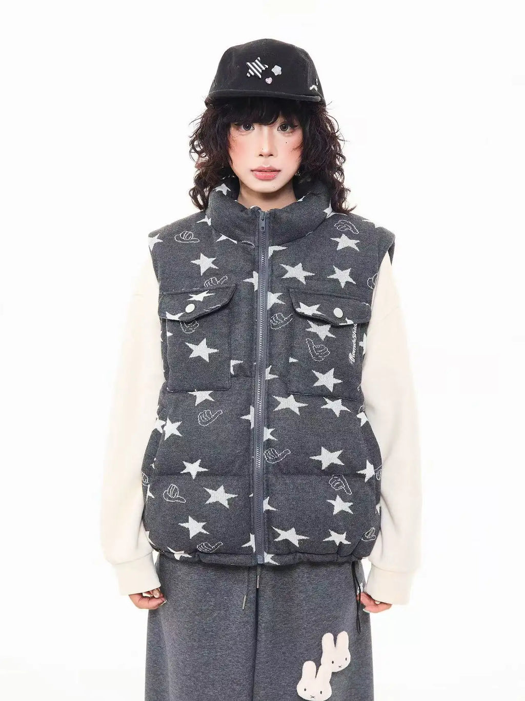 Vintage Star Print Stand Collar Padded Vest   oliviora