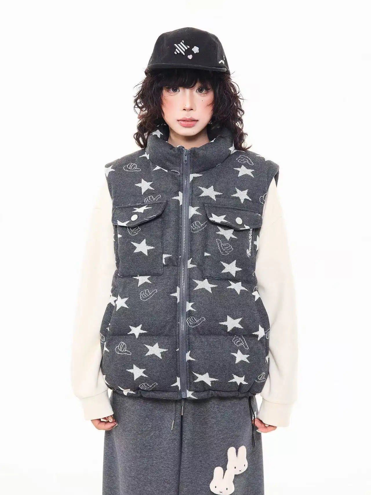 Vintage Star Print Stand Collar Padded Vest   oliviora