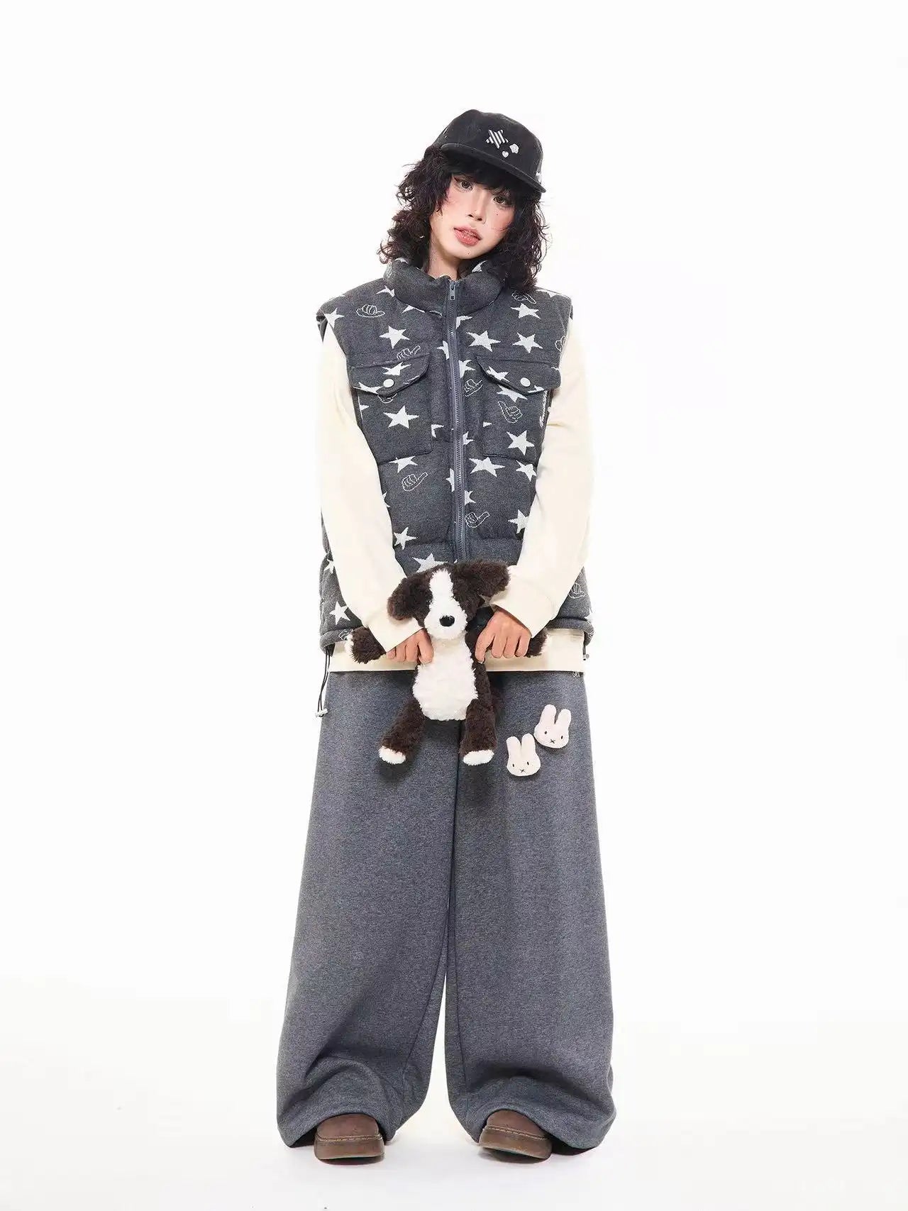 Vintage Star Print Stand Collar Padded Vest   OL2054