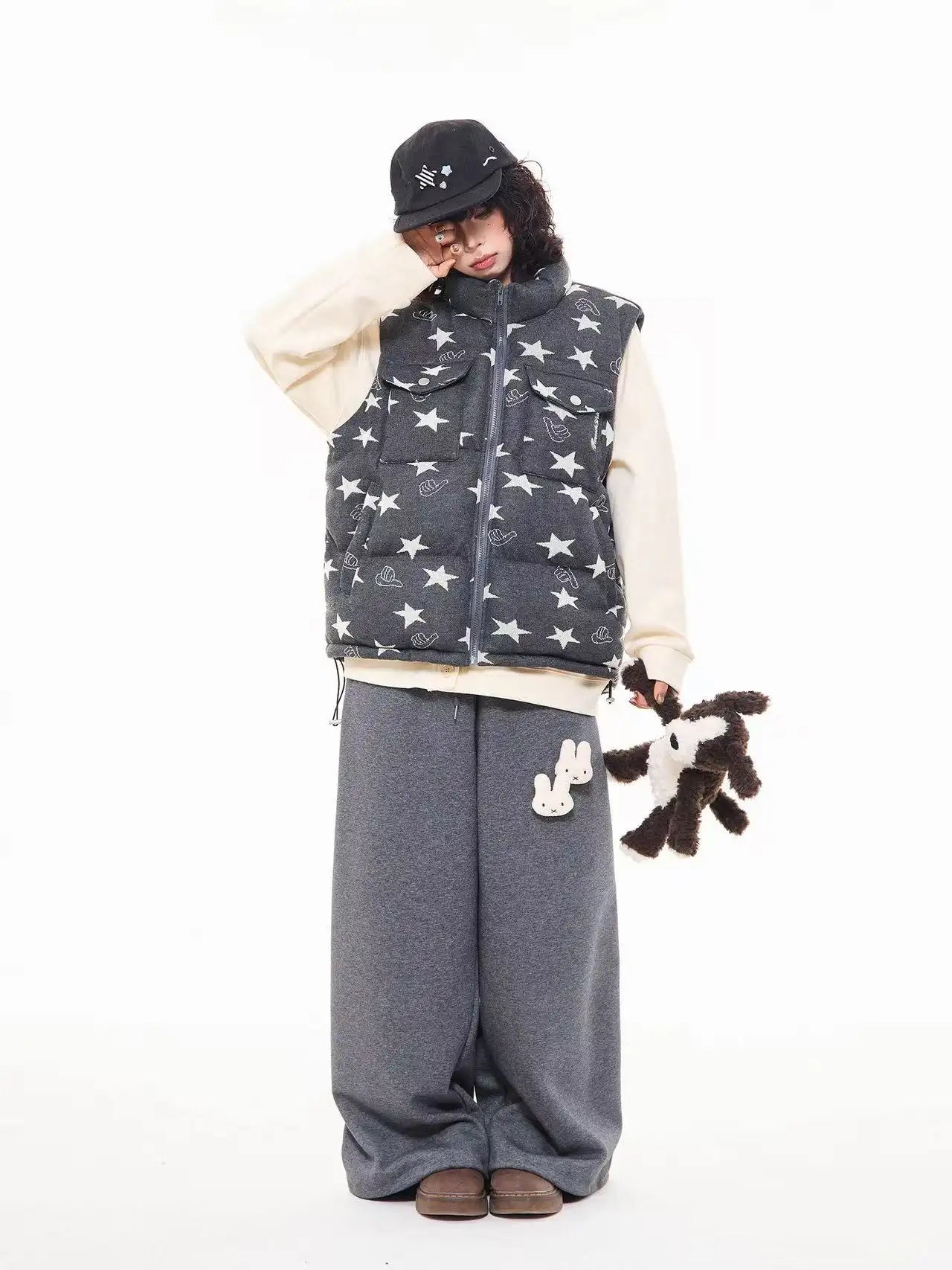 Vintage Star Print Stand Collar Padded Vest   OL2054