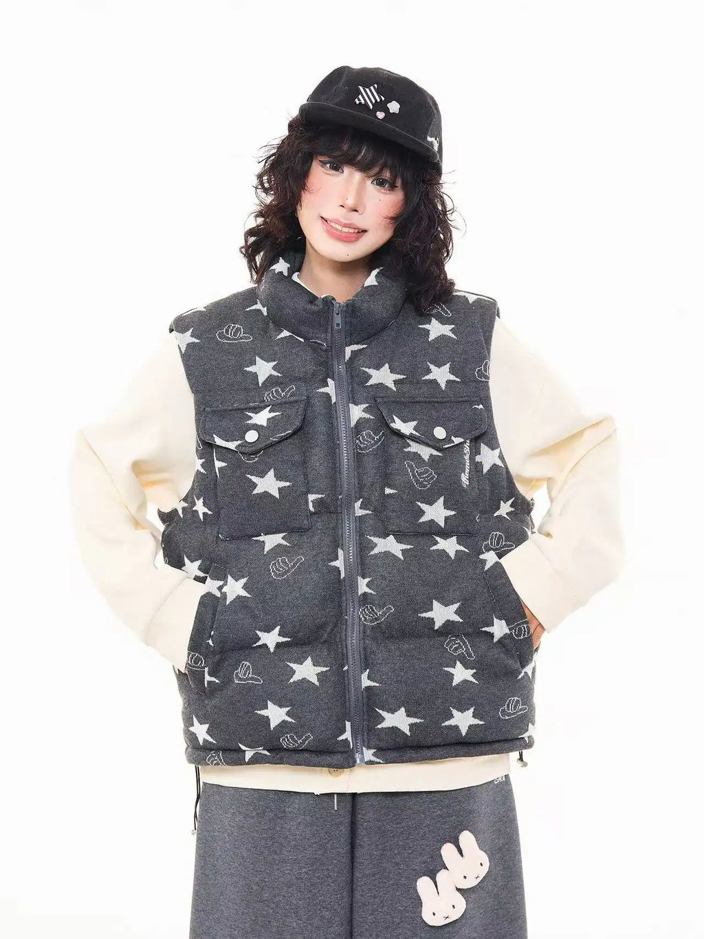 Vintage Star Print Stand Collar Padded Vest   OL2054