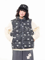 Vintage Star Print Stand Collar Padded Vest   OL2054