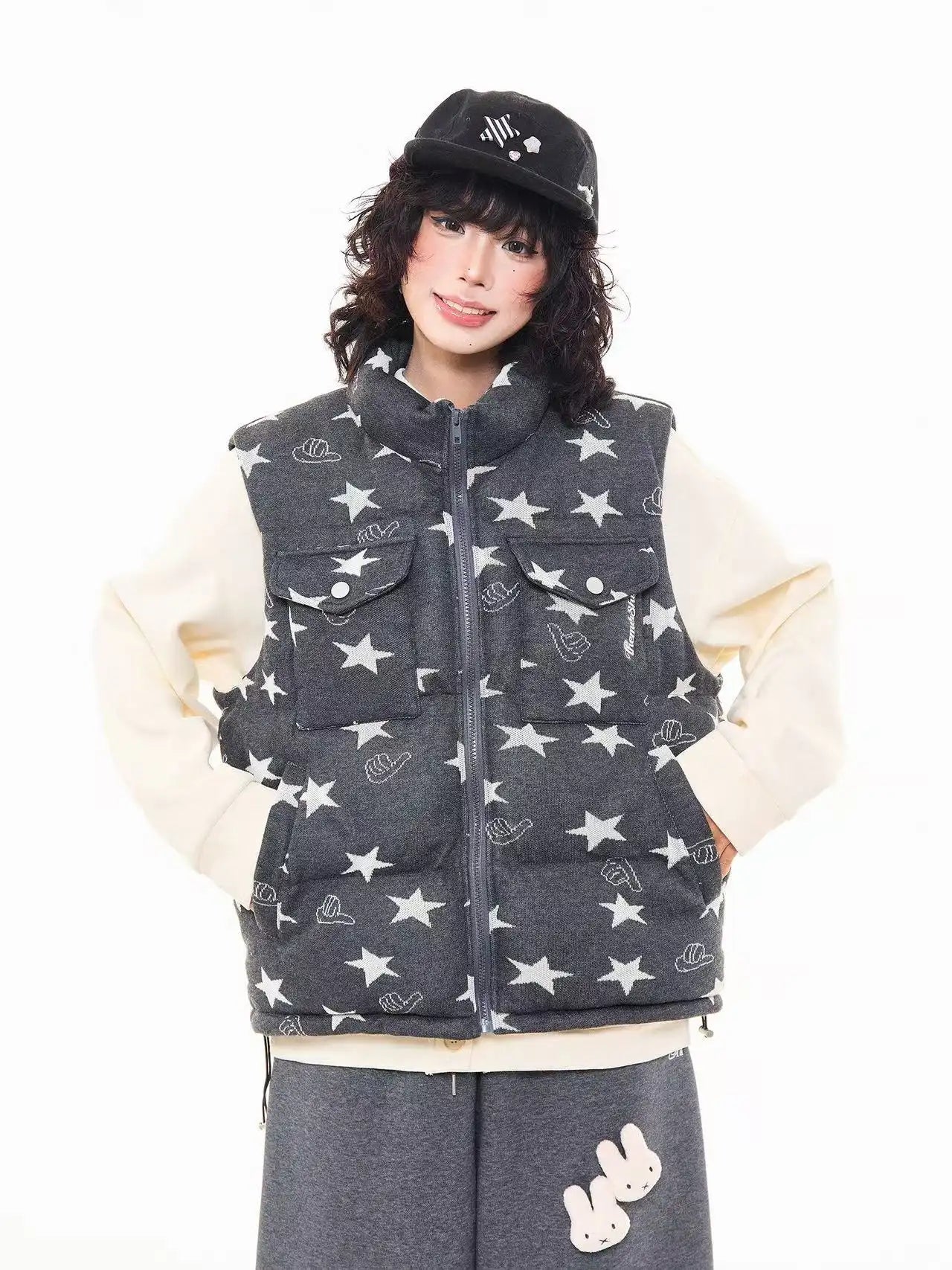 Vintage Star Print Stand Collar Padded Vest   OL2054