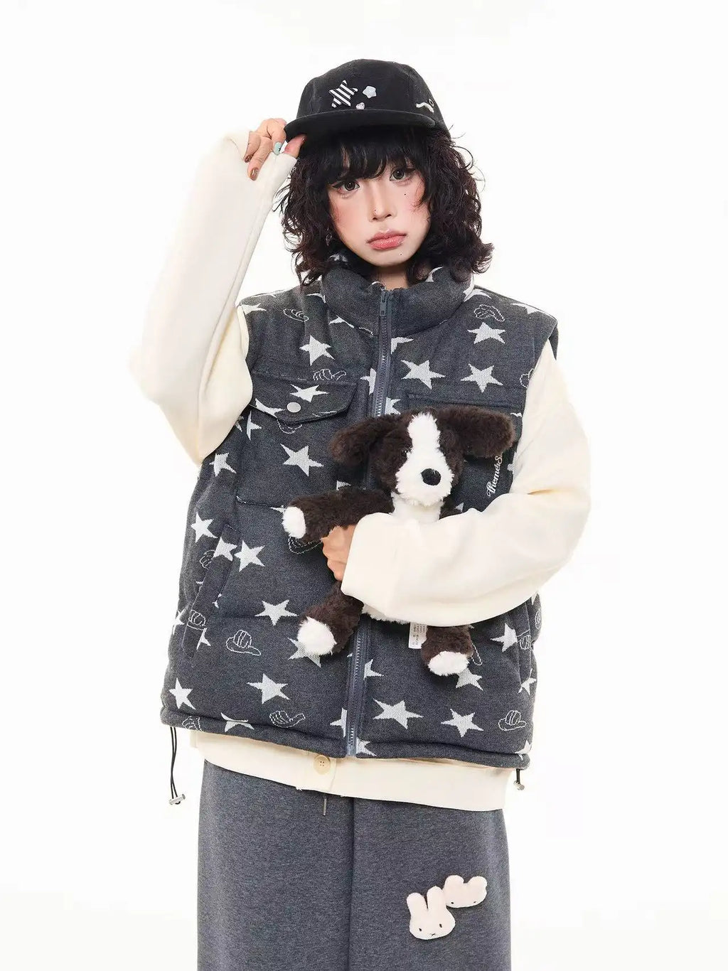 Vintage Star Print Stand Collar Padded Vest   OL2054