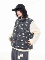 Vintage Star Print Stand Collar Padded Vest   oliviora