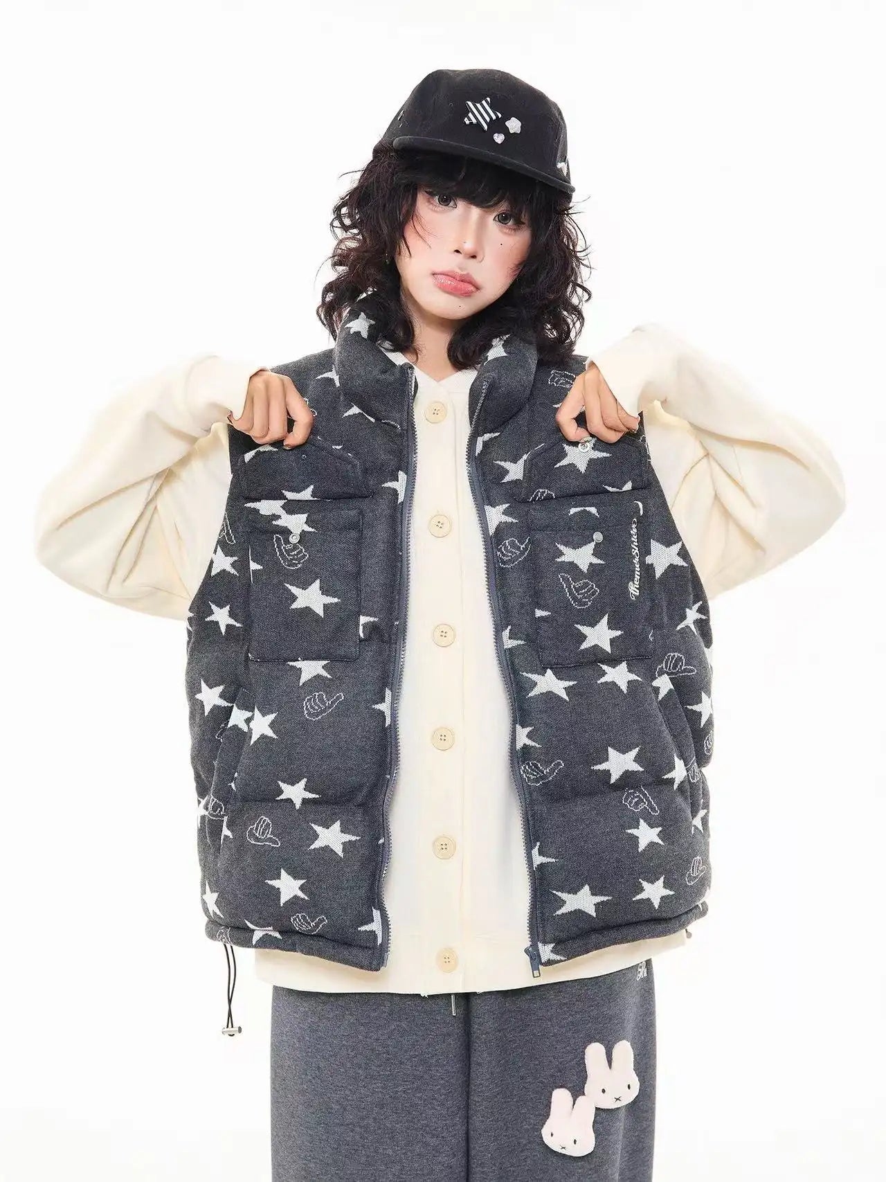 Vintage Star Print Stand Collar Padded Vest   OL2054