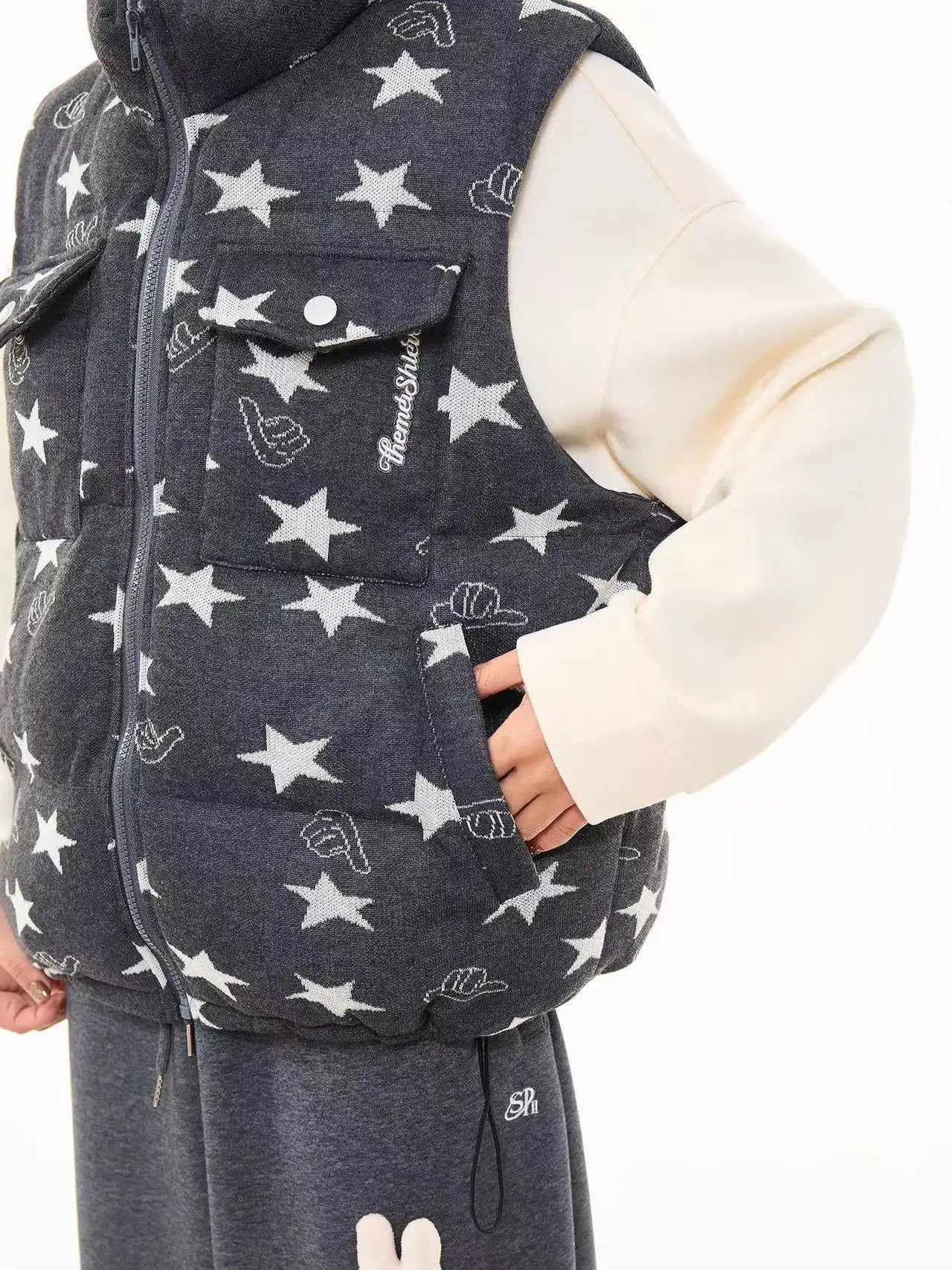 Vintage Star Print Stand Collar Padded Vest   OL2054