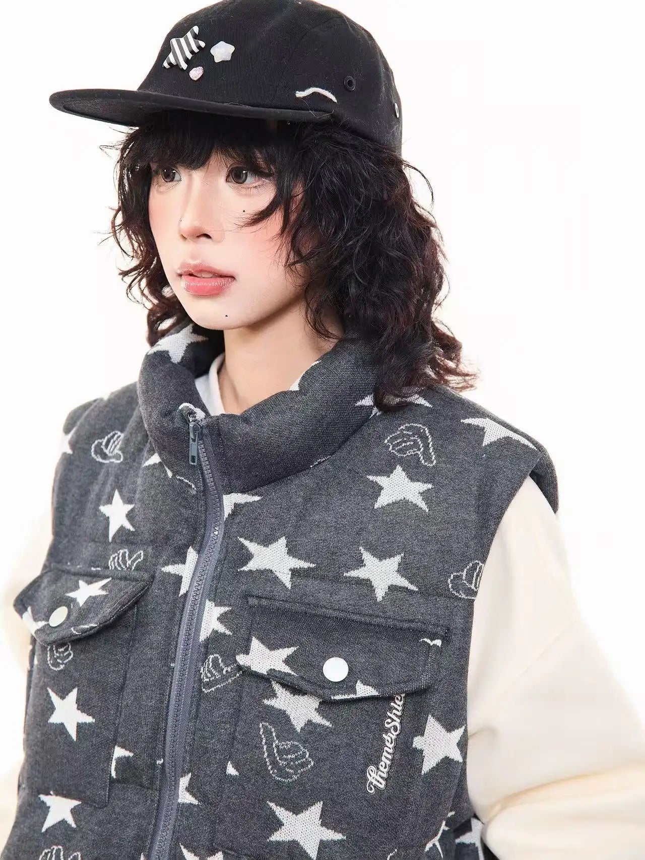 Vintage Star Print Stand Collar Padded Vest   OL2054