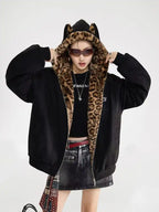 Vintage Leopard Faux Suede Ear Hood Padded Jacket   OL2056