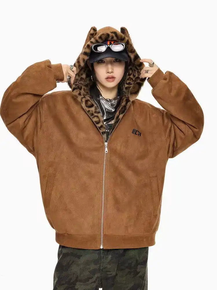 Vintage Leopard Faux Suede Ear Hood Padded Jacket   OL2056