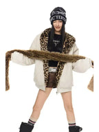 Vintage Leopard Faux Suede Ear Hood Padded Jacket   OL2056