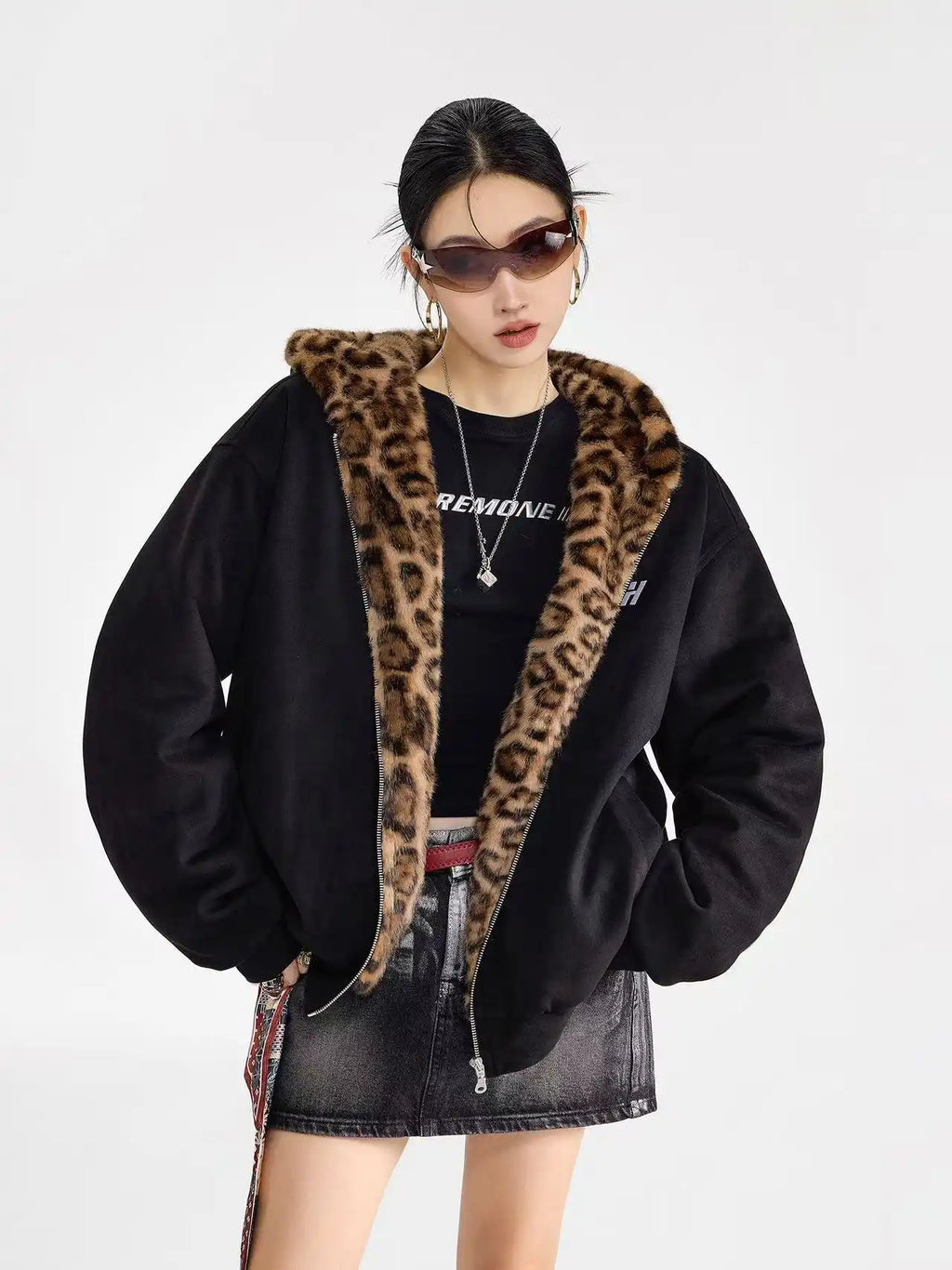 Vintage Leopard Faux Suede Ear Hood Padded Jacket   OL2056