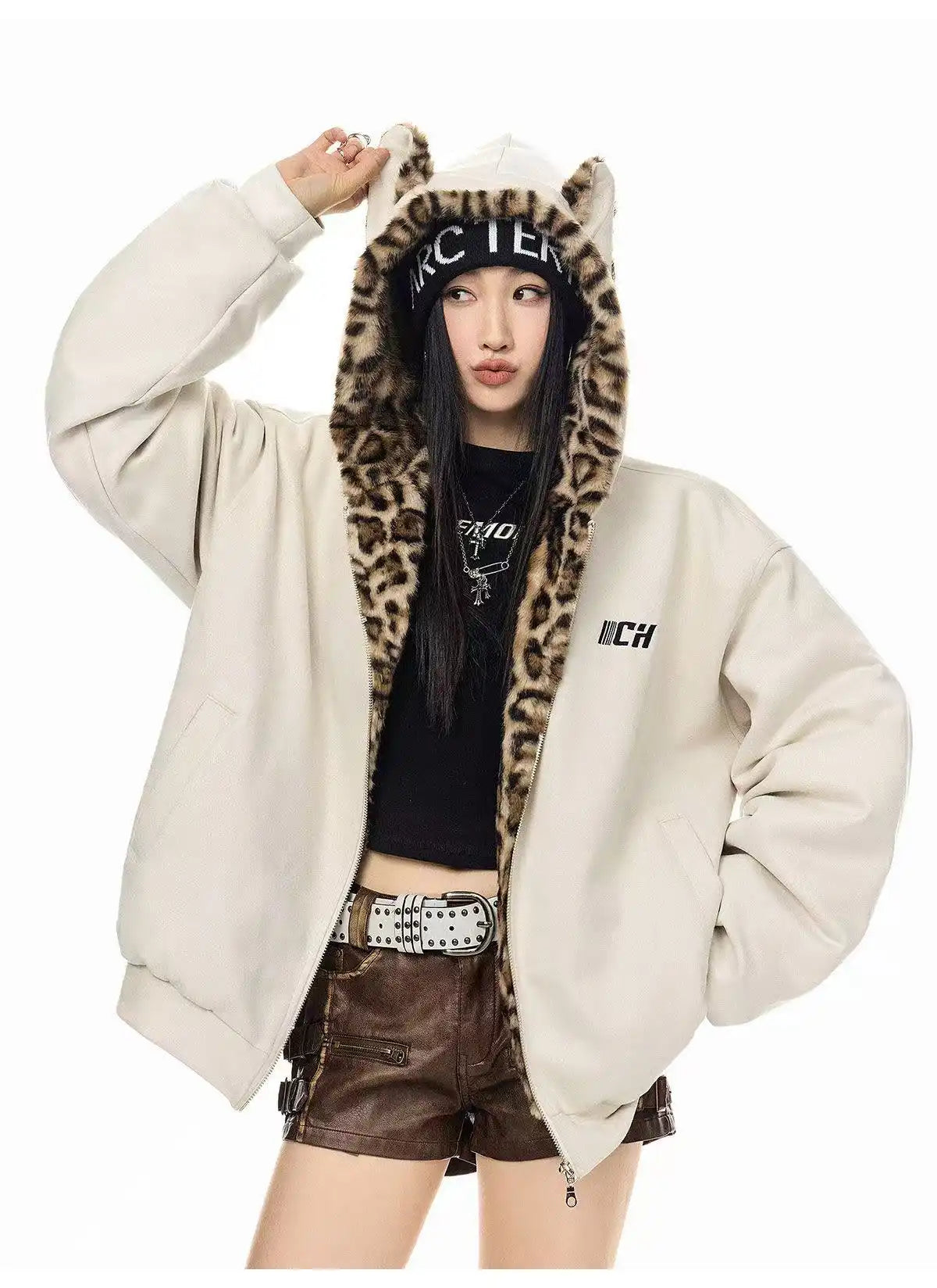 Vintage Leopard Faux Suede Ear Hood Padded Jacket   oliviora