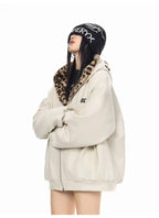 Vintage Leopard Faux Suede Ear Hood Padded Jacket   OL2056