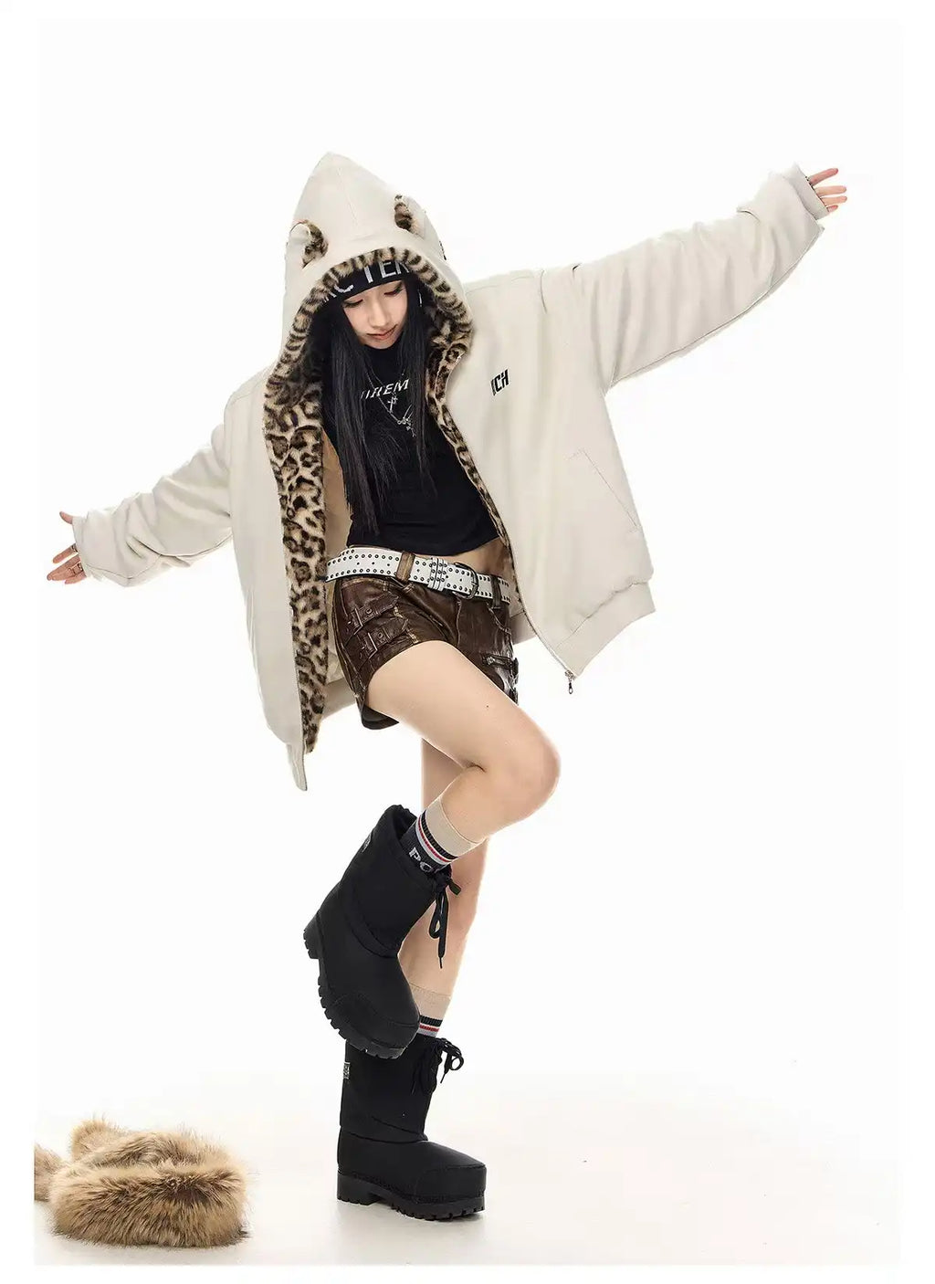 Vintage Leopard Faux Suede Ear Hood Padded Jacket   OL2056