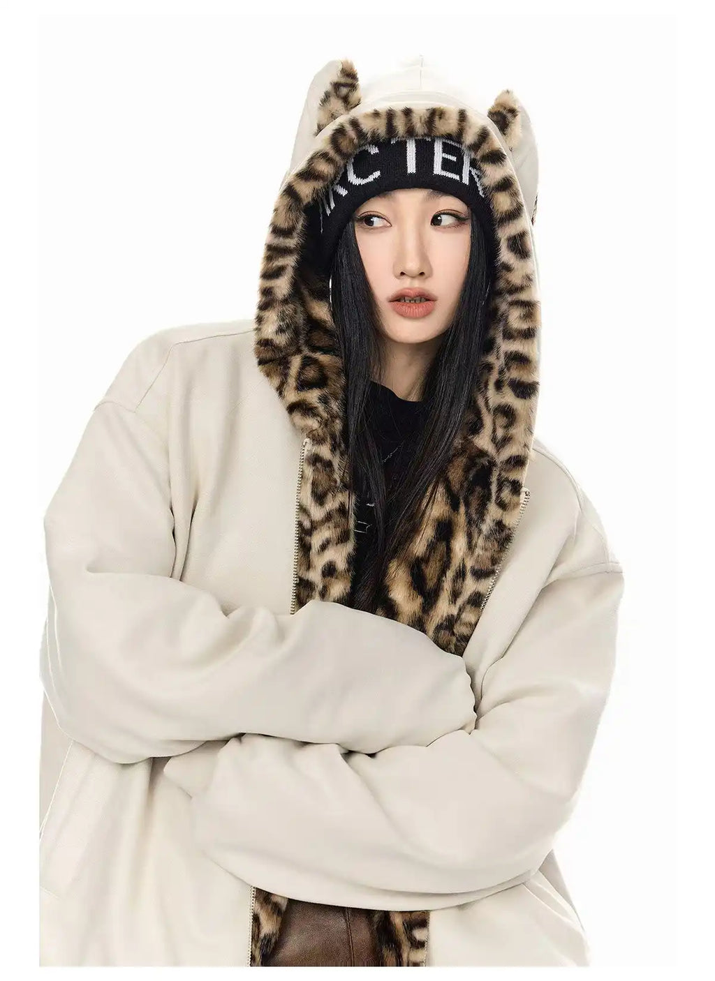 Vintage Leopard Faux Suede Ear Hood Padded Jacket   OL2056