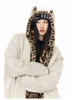 Vintage Leopard Faux Suede Ear Hood Padded Jacket   OL2056