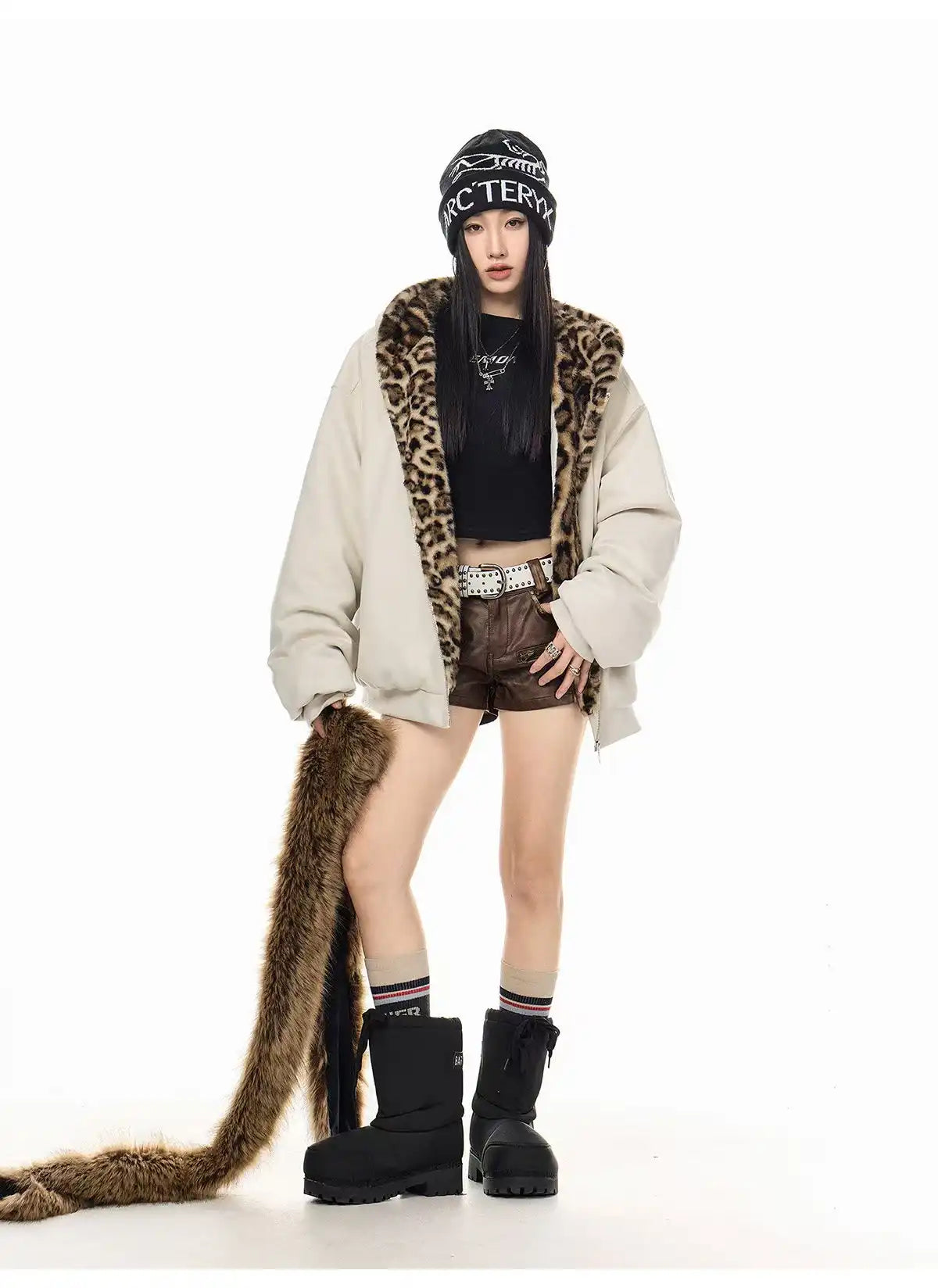 Vintage Leopard Faux Suede Ear Hood Padded Jacket   OL2056