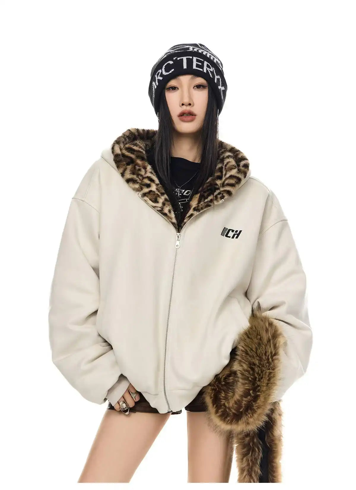 Vintage Leopard Faux Suede Ear Hood Padded Jacket   oliviora