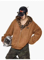 Vintage Leopard Faux Suede Ear Hood Padded Jacket   OL2056