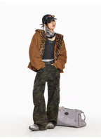 Vintage Leopard Faux Suede Ear Hood Padded Jacket   OL2056