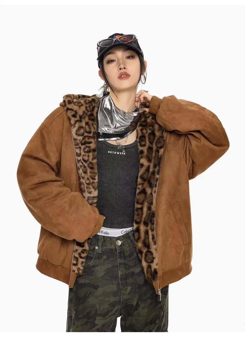 Vintage Leopard Faux Suede Ear Hood Padded Jacket   OL2056