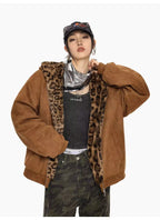 Vintage Leopard Faux Suede Ear Hood Padded Jacket   OL2056