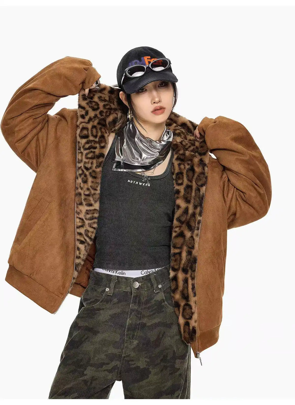 Vintage Leopard Faux Suede Ear Hood Padded Jacket   OL2056