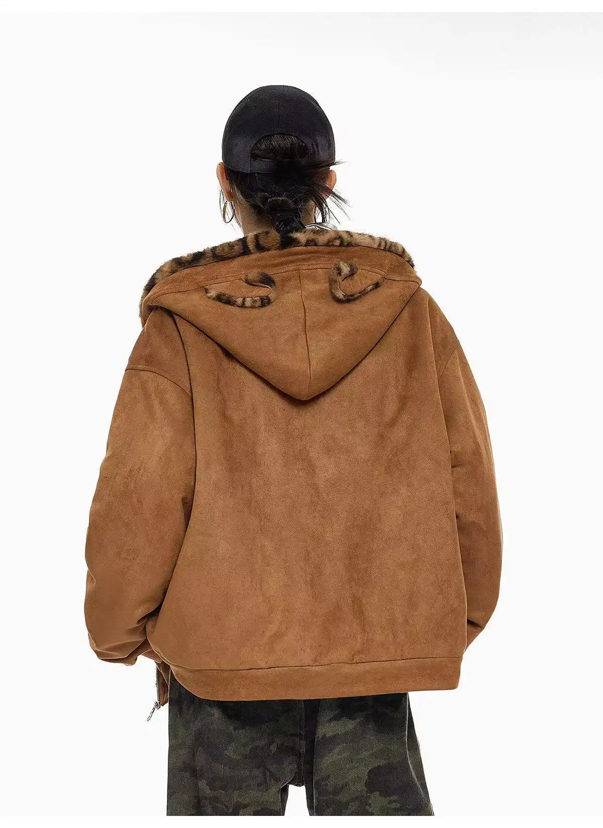 Vintage Leopard Faux Suede Ear Hood Padded Jacket   OL2056