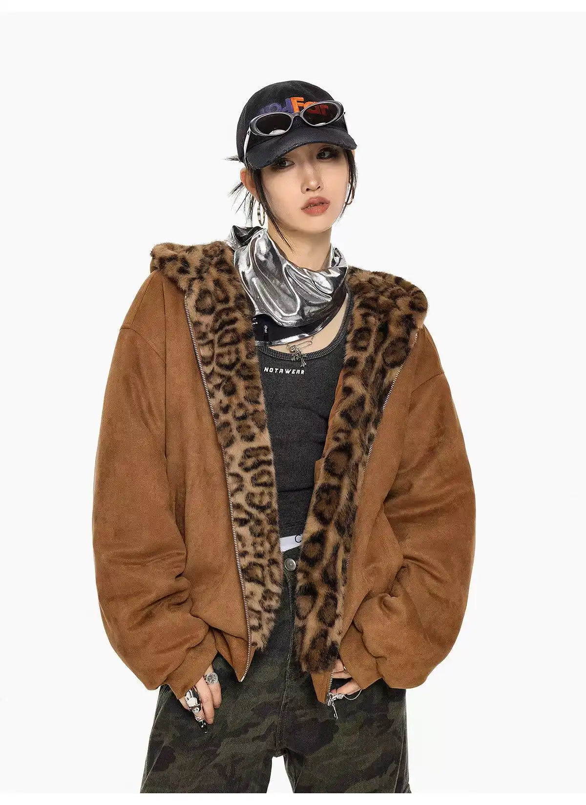 Vintage Leopard Faux Suede Ear Hood Padded Jacket   OL2056