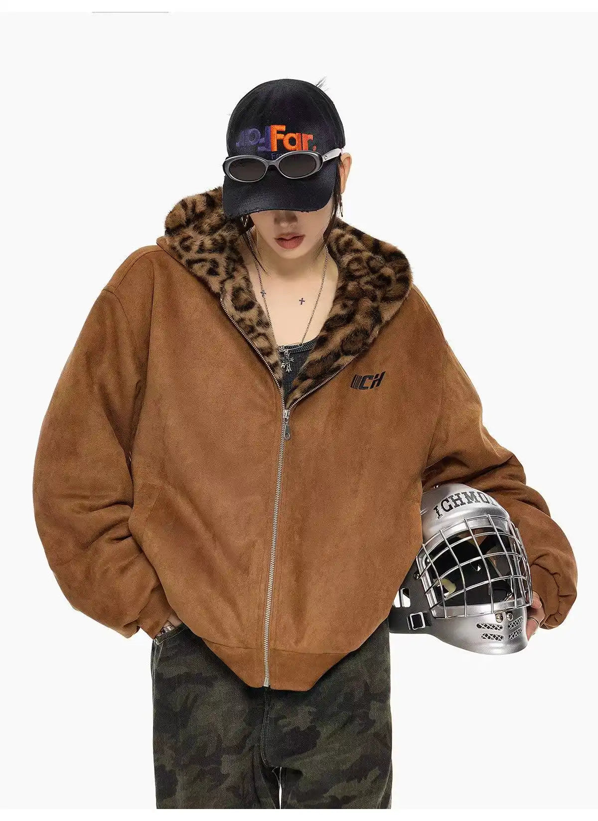 Vintage Leopard Faux Suede Ear Hood Padded Jacket   OL2056