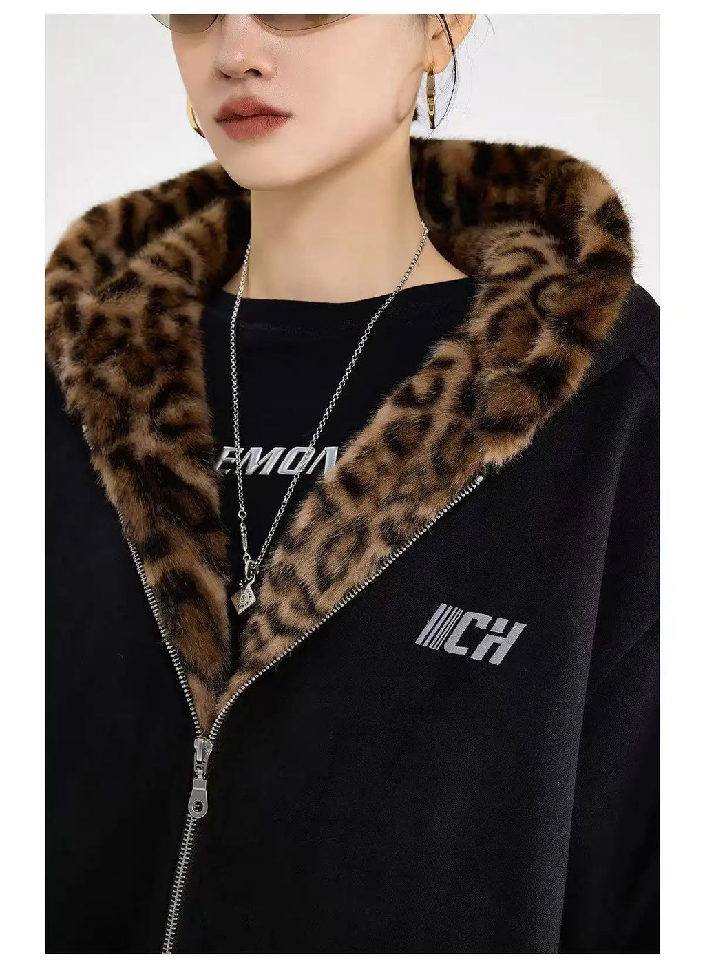 Vintage Leopard Faux Suede Ear Hood Padded Jacket   OL2056