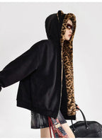 Vintage Leopard Faux Suede Ear Hood Padded Jacket   OL2056