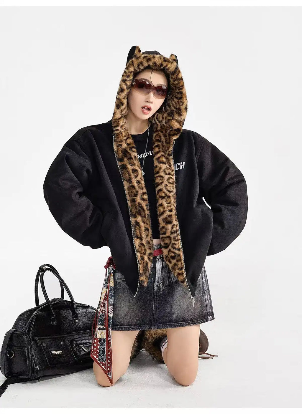 Vintage Leopard Faux Suede Ear Hood Padded Jacket   OL2056