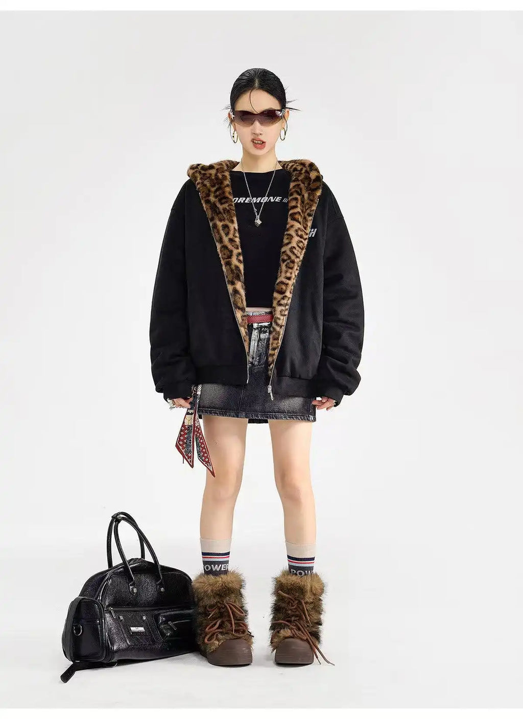 Vintage Leopard Faux Suede Ear Hood Padded Jacket   OL2056