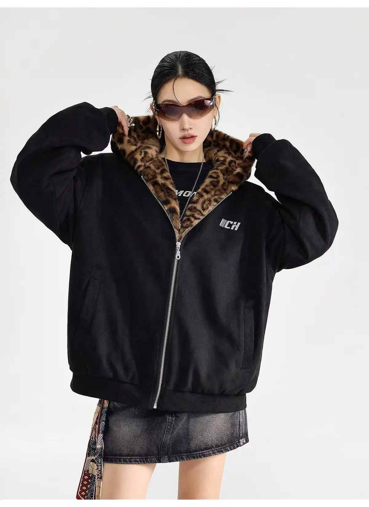 Vintage Leopard Faux Suede Ear Hood Padded Jacket   OL2056