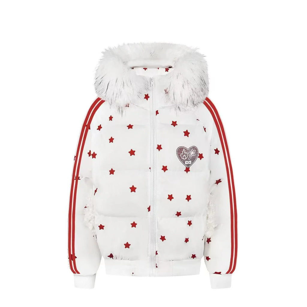 Star Print Cat Ear Padded Jacket with Removable Fur Collar   OL2057