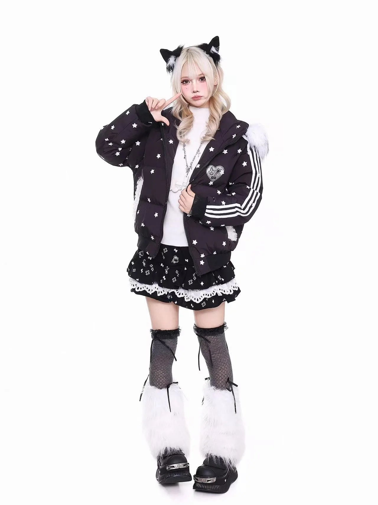 Star Print Cat Ear Padded Jacket with Removable Fur Collar   OL2057