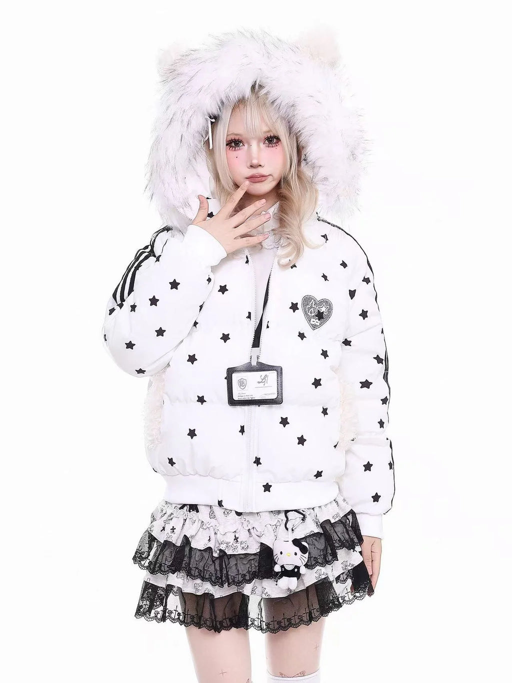 Star Print Cat Ear Padded Jacket with Removable Fur Collar   oliviora