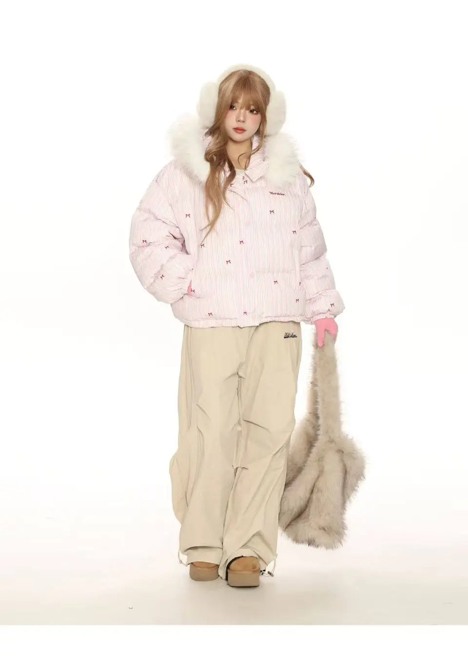 Bow Detail Pink Hooded Puffer Jacket   OL2059