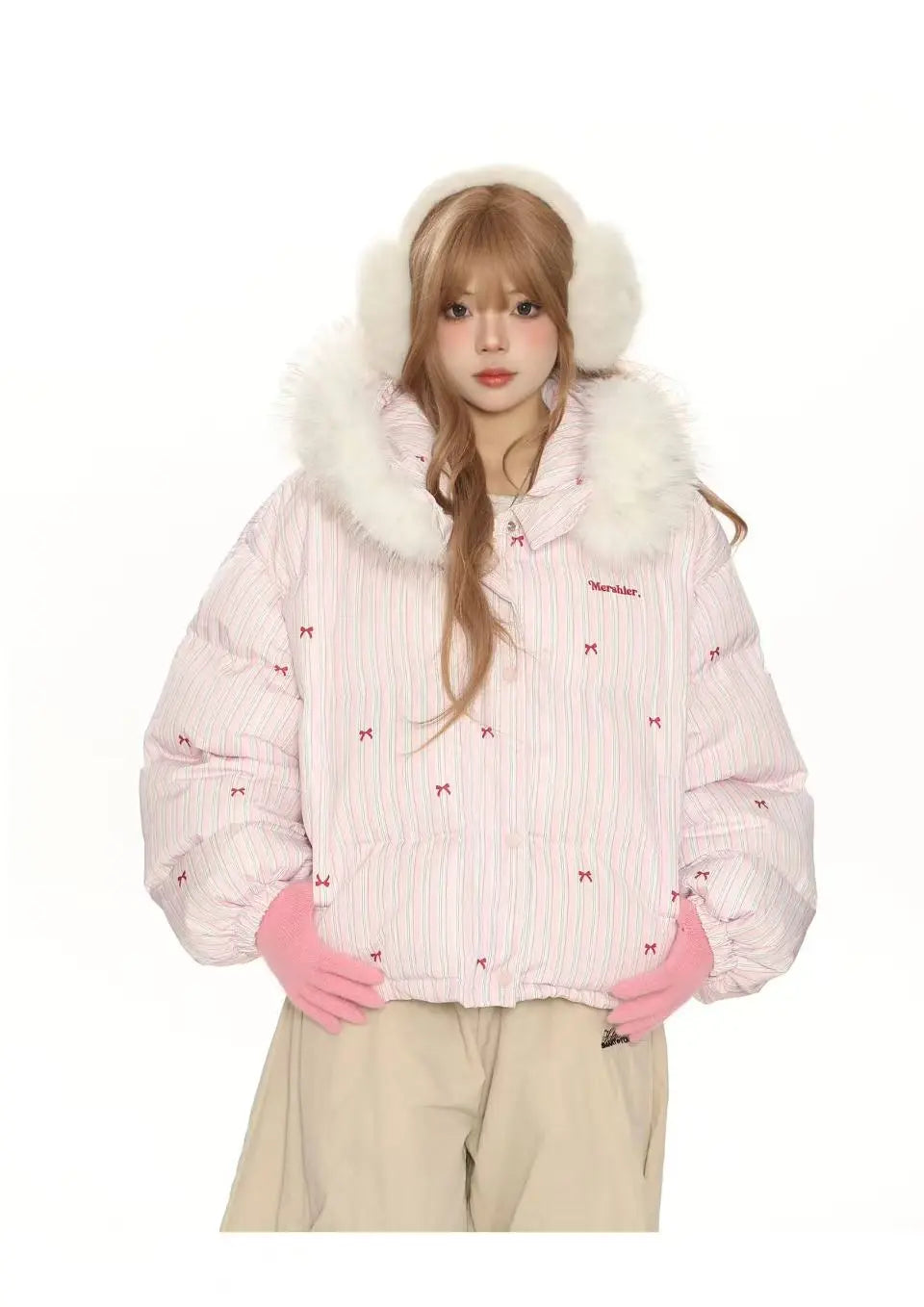 Bow Detail Pink Hooded Puffer Jacket   OL2059