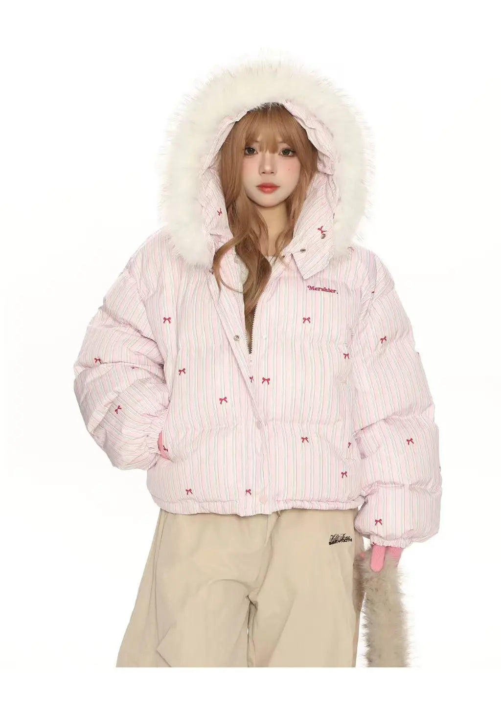 Bow Detail Pink Hooded Puffer Jacket   OL2059