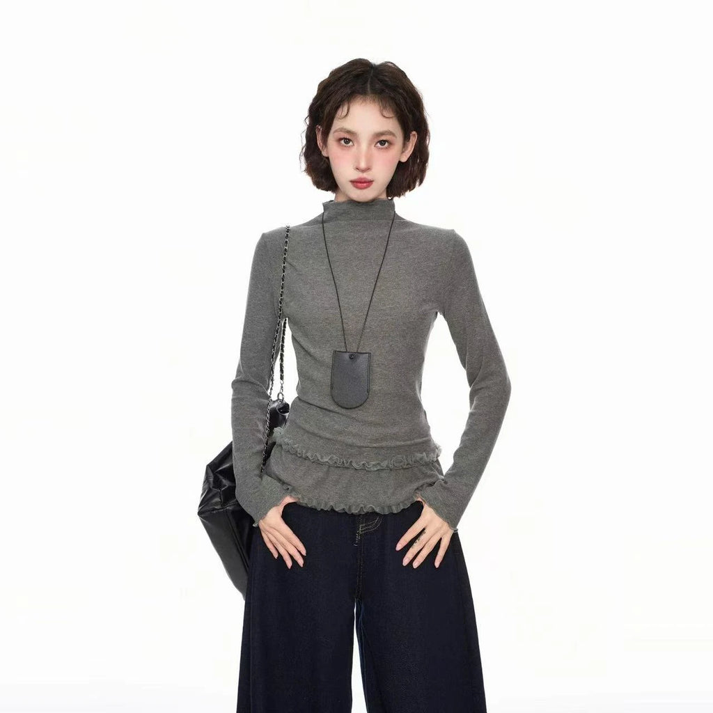 Lace Mock Neck Slim Long Sleeve Top   OL2061