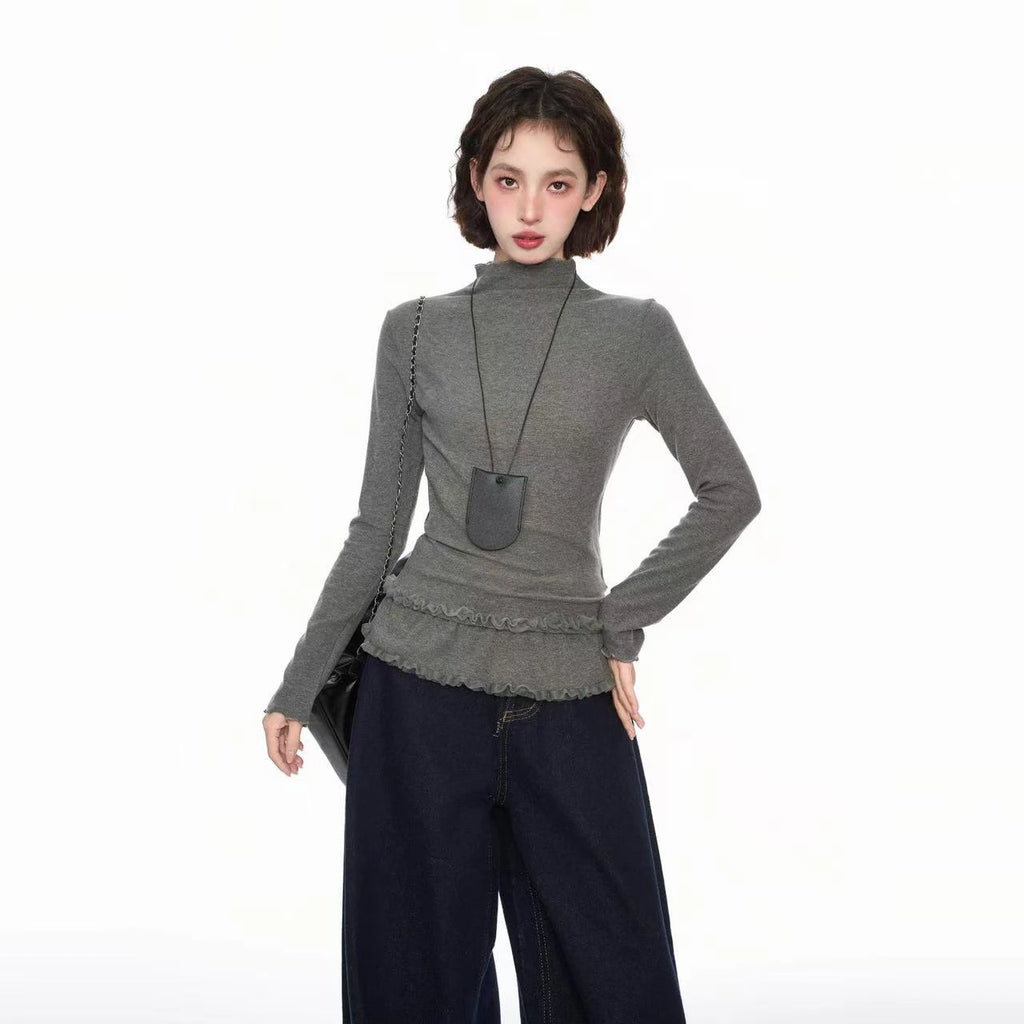 Lace Mock Neck Slim Long Sleeve Top   OL2061